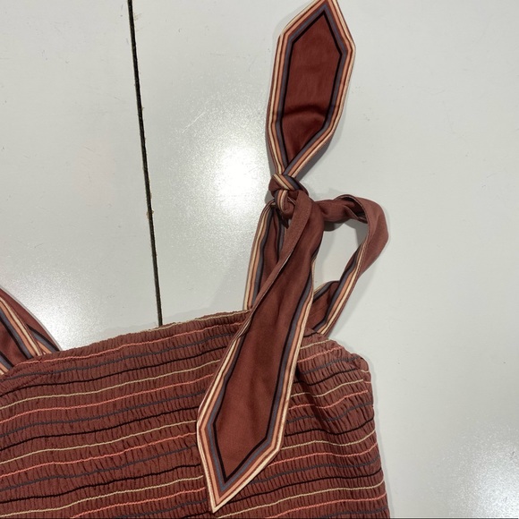 Storia Embroidered Striped Chai Smocked Ruffle Bottom Tie Sleeves Mini Dress S - Picture 7 of 16